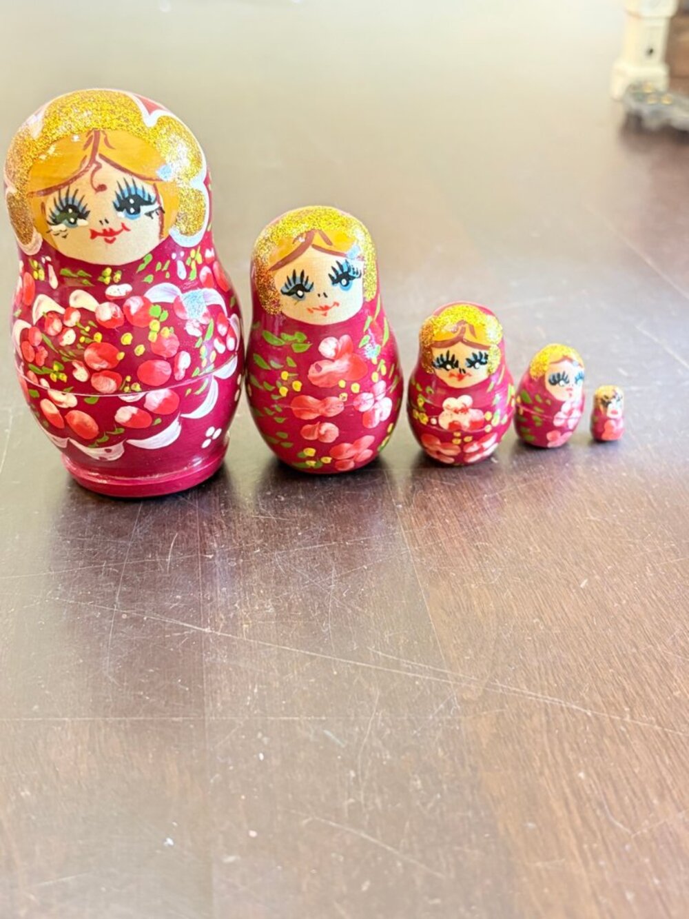 Vintage Set of 5 Wooden Nesting Dolls Matryoshka Red Gold Floral